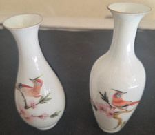 Vintage Pair Jingdezhen Porcelain Miniature Bud Vases Birds & Cherry Blossomset picture