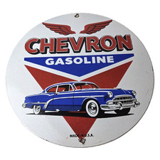 Vintage Chevron Gasoline Sign - Chevy Bel Air Automobile Gas Porcelain Sign picture