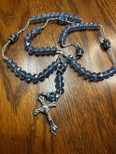 Vintage Faceted Blue Aurora Crystal Bead & Cord Catholic Rosary 20” Long picture