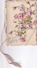 Celluloid, wood hinged card, pink roses, tassel, Christmas card, Tuck circa 1900 picture
