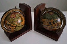 Old World Spinning Globe Bookends Dk Wood Finish Base Italian Wording Made Italy picture
