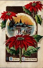 1911 MERRY CHRISTMAS POINSETTIA CHURCH SNOW GILDED EMBOSSED POSTCARD 39-28 picture