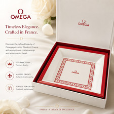 Omega Porcelaine de Limoges Trinket Tray red and white w/ Omega symbols picture
