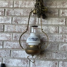 Vintage Hurricane Swag Lamp Hanging Light Brass Frosted Glass American Eagle 70s picture