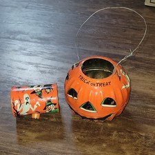 VTG 1950s U.S. Metal Toy Tin Litho Trick-or-Treat Halloween Pumpkin & Noisemaker picture