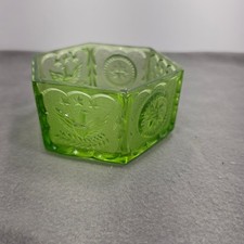 Vintage Green Glass Hexagon Bowl American Eagle Starburst Pressed Glass 4.5