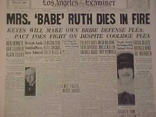 VINTAGE NEWSPAPER HEADLINE~BASEBALL YANKEE BABE RUTHS WIFE MURDER FIRE DEAD 1929 picture