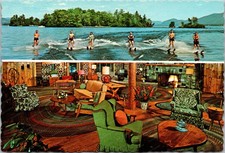 Lake George New York Water Skiers and Lodge Interior Continental Postcard C291 picture
