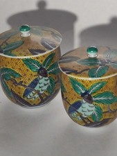 Pair Vintage Kutani Yoshitomi Lidded Bowls Yoshidaya Style Yellow Green Bird picture