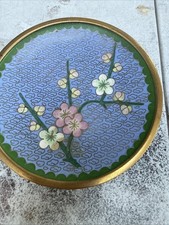 Cloisonné Trinket Dish China  4.2” Brass Blue Cherry Flowers  picture