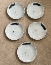 Vintage 1960’s Red Crowned Crane Japanese Celadon Porcelain Plates Set Of 5 picture