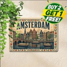 Amsterdam Canal Houses Cityscape Sign Vintage Dutch Flower Metal Tin Plaque picture