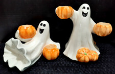 VTG. 2004 Fitz & Floyd Halloween Ghost & Pumpkin Candle Holders Set of 2 picture