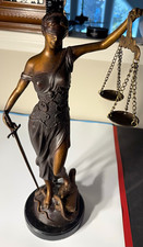 Lady Justice Metal Statue Signed Mayer, Bronze/Black on Marble Base picture