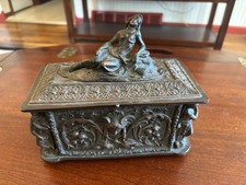 VINTAGE ANTIQUE ORNATE EMBOSSED BRONZE TRINKET JEWELRY BOX CASKET FOOTED picture