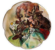 Art Nouveau Style Lady & Flower Enamel on Copper Plate Vintage Hand Painted 10