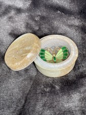 Vintage Handcrafted Round Soapstone Trinket Box Wtih  Butrerfly Pin picture