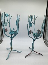 Vintage Pair Metal Tree Branch    Rustic Blue Leaf Pillar Candle Holder picture