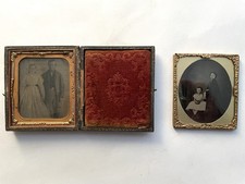 Antique 2 1860s Photos: Cased Tintype Couple & Uncased Ambrotype Mother Child picture