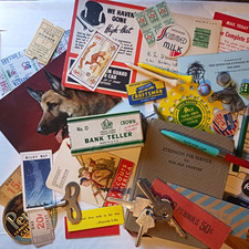 Vtg. Huge JUNK DRAWER LOT GRANDPA'S Collection Ephemera Ad Pen Marble Scout Card picture