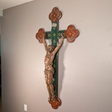 Antique French Painted Wood Crucifix Carved Jesus Corpus Quatrefoil Cross 60