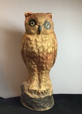 Antique Pressed Paper Mache Owl w Glass Eyes 10 1/4 Inch Hand Painted Structure picture