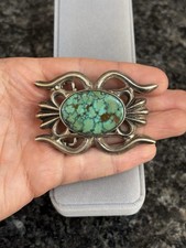 Vintage Native American Sterling Silver Turquoise SandCast old Belt Buckle - 52g picture