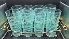 Set of 8 Vintage Libbey Teal Swirl Tumbler Tea Glasses Rare Gold Caddy Carrier picture