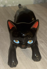 Vintage ARTMARK Ceramic Climbing Cat BLACK W/ Blue Eyes Japan Boho Witchy picture