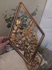 Vintage Syroco Floral Rose Wall Plaques Pair Gold Tone Hollywood Regency picture