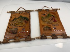 Handmade Vintage Peruvian Tooled Leather Cuso Tapestry Wall Hangings  Set Of 2 picture