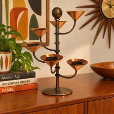 Vtg. MCM Danish Aristo 6 T-Lite Candle Copper & Metal Candelabra 15