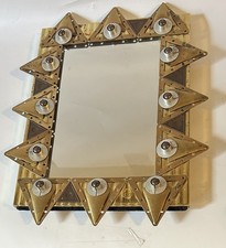 Vintage Brutalist Brass & Stone Geometric Tabletop/Wall Mirror MCM 1970s OOAK picture