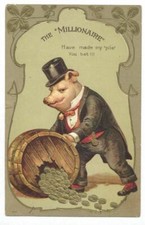 MILLIONAIRE Dressed Rich PIG In TUX & TOP HAT Has BARREL of GOLD COINS 1904 Rare picture