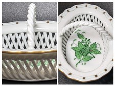 Herend Hungary Apponyi Green Chinese Bouquet Porcelain Open Weave Basket wHandle picture