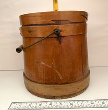 Antique Wooden Firkin Sugar Bucket With Lid And Swing Handle picture