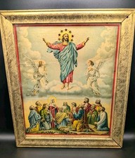 Antique Eastern Orthodox Oleograph Print The Ascension of Jesus Christ Cyrillic picture