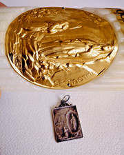 LOURDES France Grotto Souvenirs: Vintage Pendant / Medal AND Ivory Pillar Candle picture