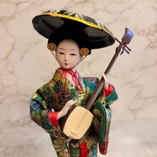 Japanese Geisha Style Doll Green Gold Kimono Shamisen Umbrella Display picture