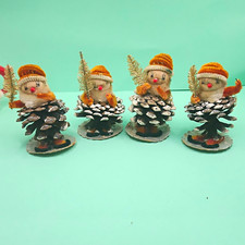 Vtg Set of 4 Pinecone Snowman Putz Spun Cotton Christmas Figurine Chenille JAPAN picture