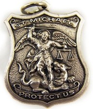 Pewter Saint Michael Protect Us Shield Shaped Medal, 1 Inch picture