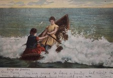 1908 Riding The Breakers ROWBOAT Postcard Victorian Women Beach picture
