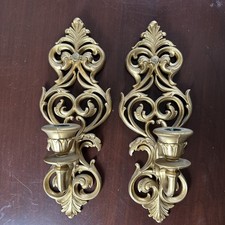 VTG 1974 Burwood Products Gold Wall Sconces Pair 4948 Hollywood Regency MCM picture