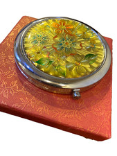 Vintage Floral Enamel Pocket Mirror Compact Makeup Purse Mirror Gift For Her. picture