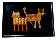Vtg 1960s COUROC Two Cat MCM Wood Brass Inlay Handcrafted Serving Tray. Good picture
