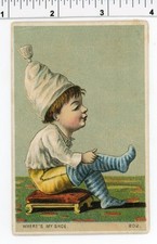 Vintage 1900's English ADVERTISING CARD Surreal EVIL DOLL BOY - Where's My Shoe? picture