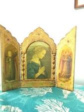 Large Italian Florentia Madonna Angels Jewel Tone Accents Tole Wood Triptych picture