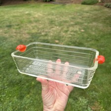 Vintage GLASBAKE #59 Clear Glass Loaf Pan Baking Dish Ornate Orange Handles USA picture
