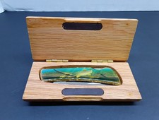 Vintage Vanadium Stainless Folding Pocket Knife Trout Fishing Oak Wood Box picture