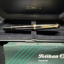 Vintage Pelikan Fountain Pen 14K 585 Gold M Nib Black Gold Trim W/ Case picture